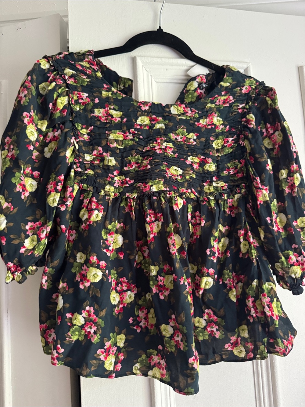 Floral NWT Smocked Peasant Blouse - Black/Pink/Green